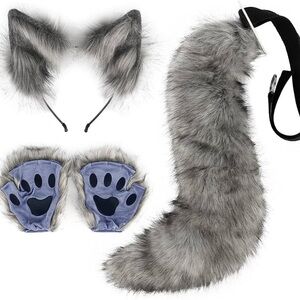 Gray Furry Costume Set with Ears, Tail, and Paws